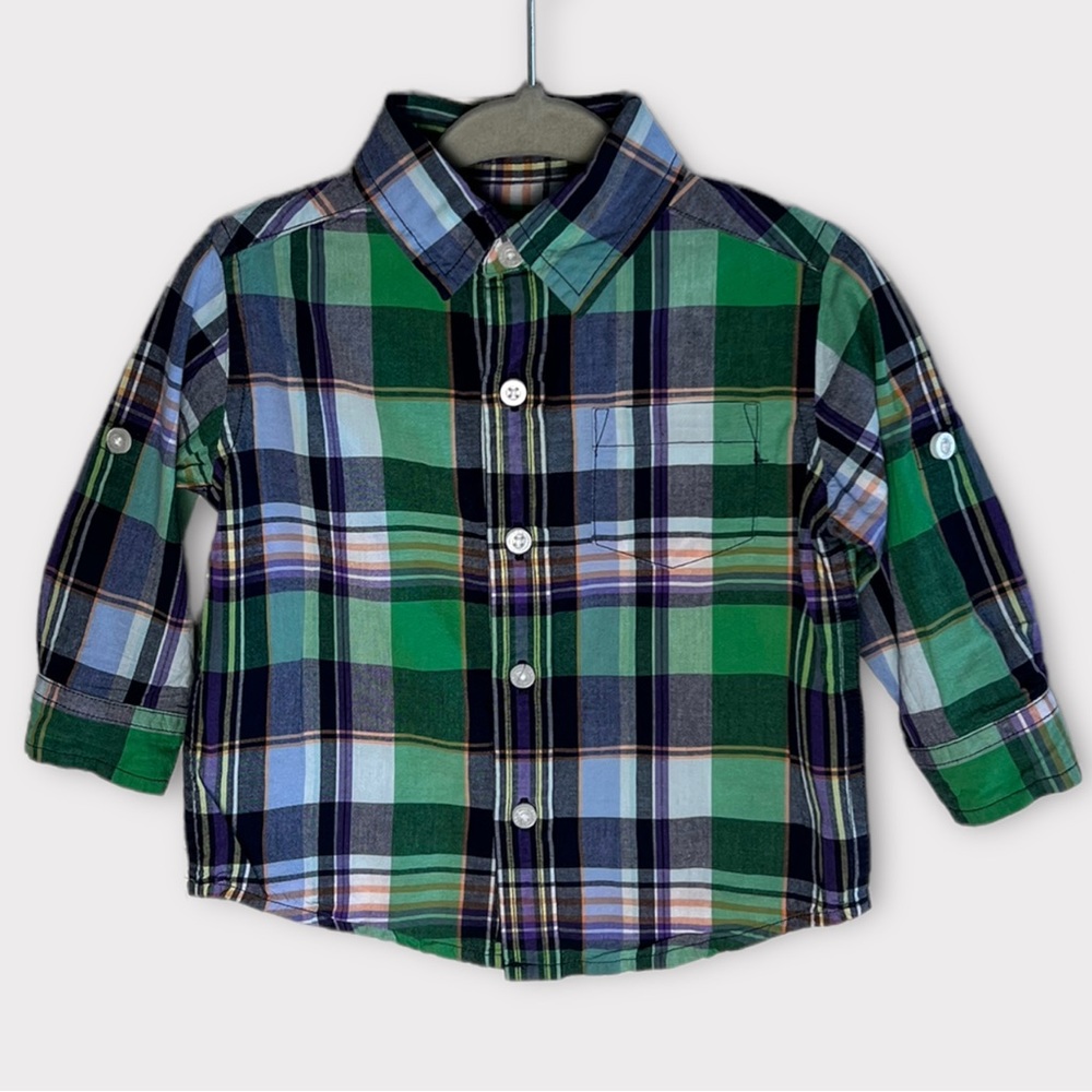 🌻🌻Janie and Jack Madras Plaid button down shirt roll tab sleeves 6-12 months🌻